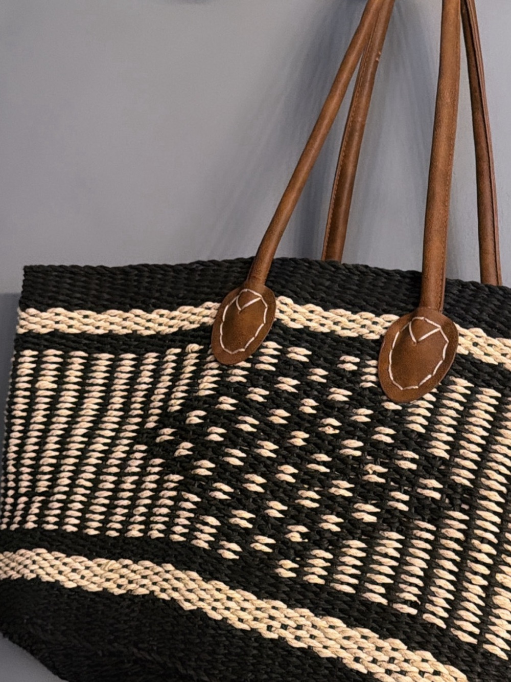 Oversized Black & Natural Woven Straw Tote Bag | Leather Shoulder Straps